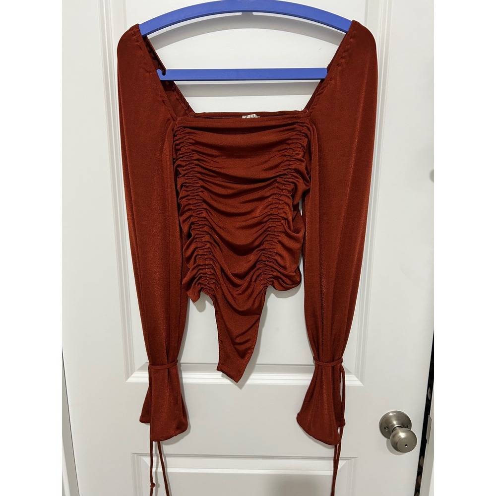 Free People Ruched Long Sleeve Bodysuit Square Neck Rust Orange Size‎ S